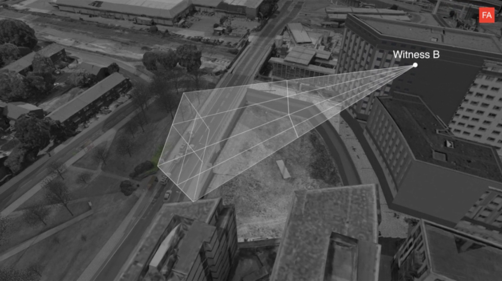 computer visualisation of tower block overlooking road with view of witness camera from https://forensic-architecture.org/investigation/the-killing-of-mark-duggan